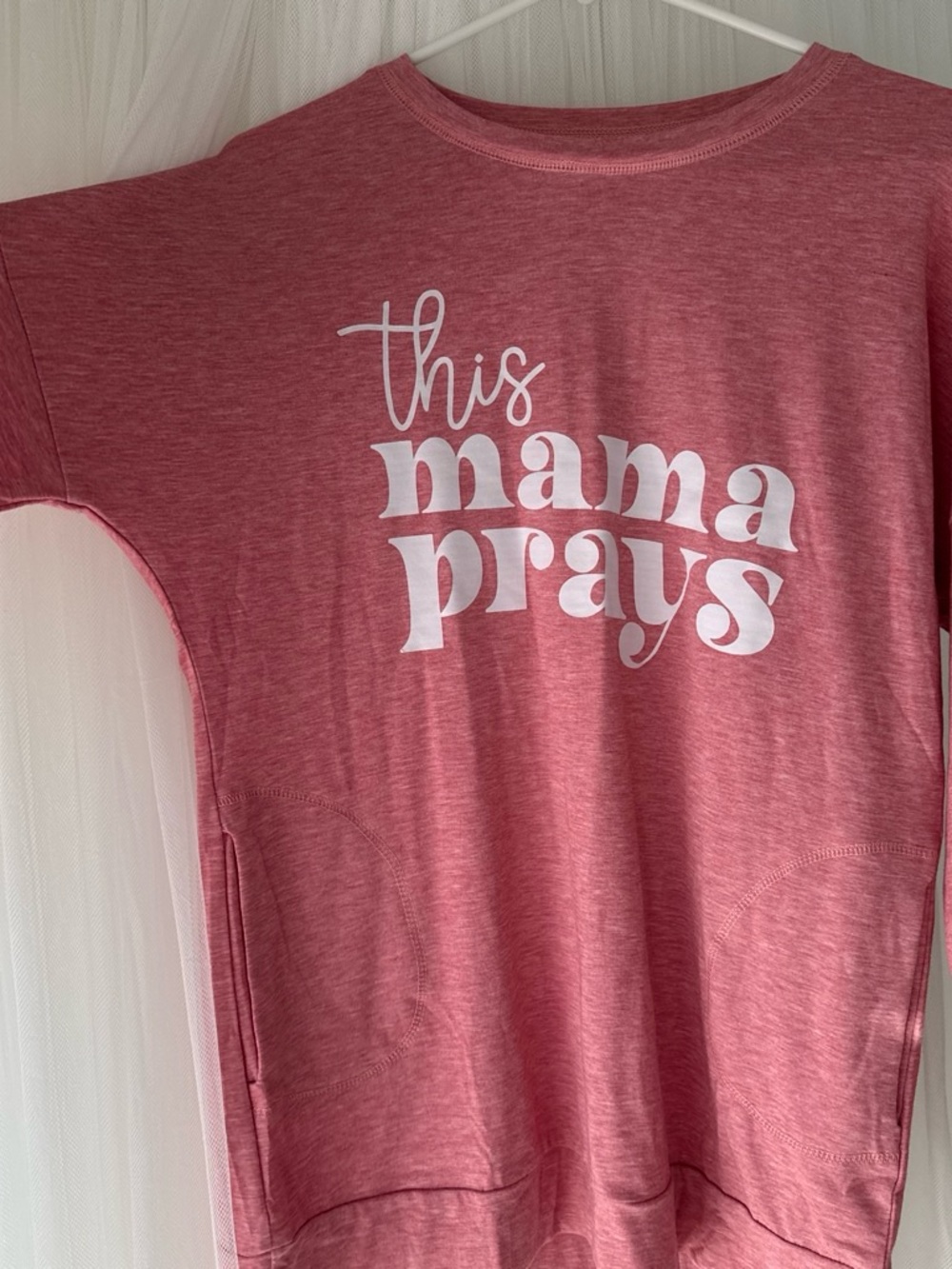 'This Mama Prays' Pink Graphic Soft Long Sleeve Shirt - Women’s M